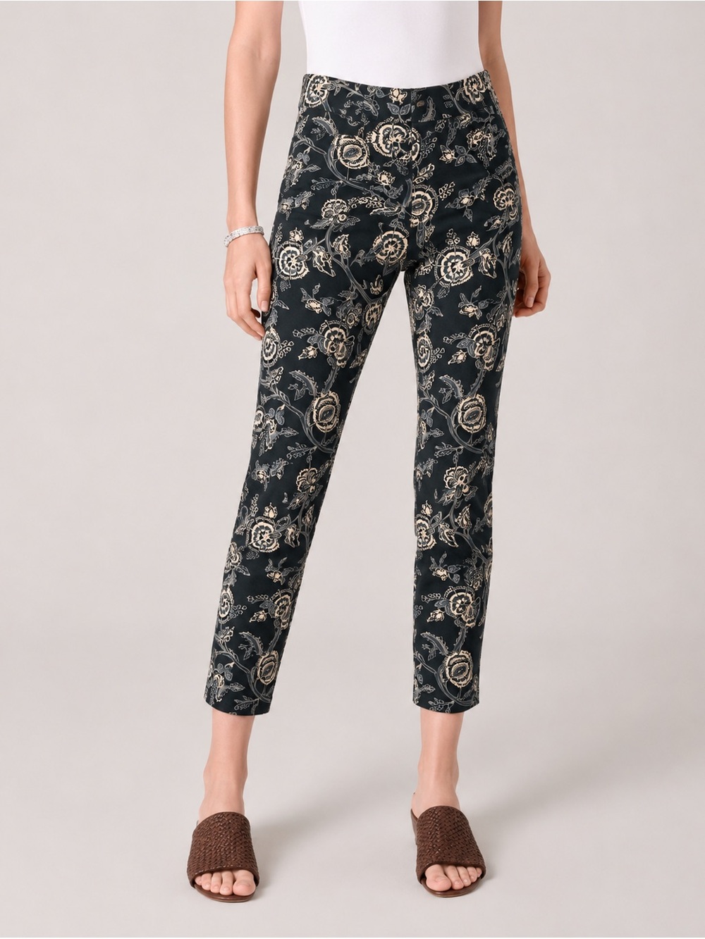 Spartina 449 Pants Womens Size S Navy Blue Cream Floral Pull-On Straight Leg